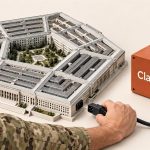 Mano con uniforme militar de EEUU desconectando el módulo Claude de una maqueta del Pentágono