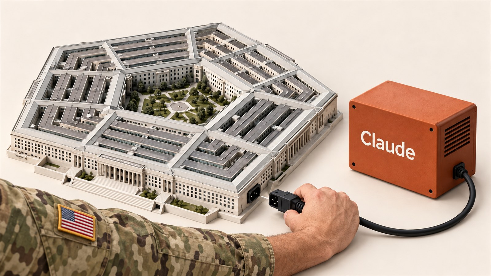 Mano con uniforme militar de EEUU desconectando el módulo Claude de una maqueta del Pentágono