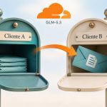Dos buzones de clientes y un sobre que llega al destinatario equivocado bajo el logo de Cloudflare, ilustración editorial
