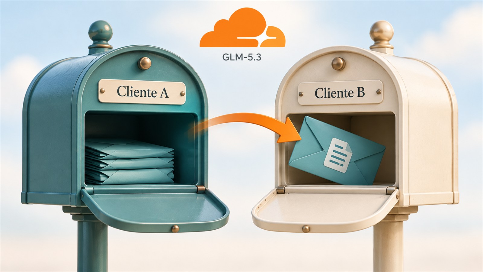 Dos buzones de clientes y un sobre que llega al destinatario equivocado bajo el logo de Cloudflare, ilustración editorial