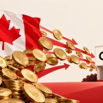 Bandera de Canadá y monedas dirigidas hacia Cohere, en una ilustración editorial
