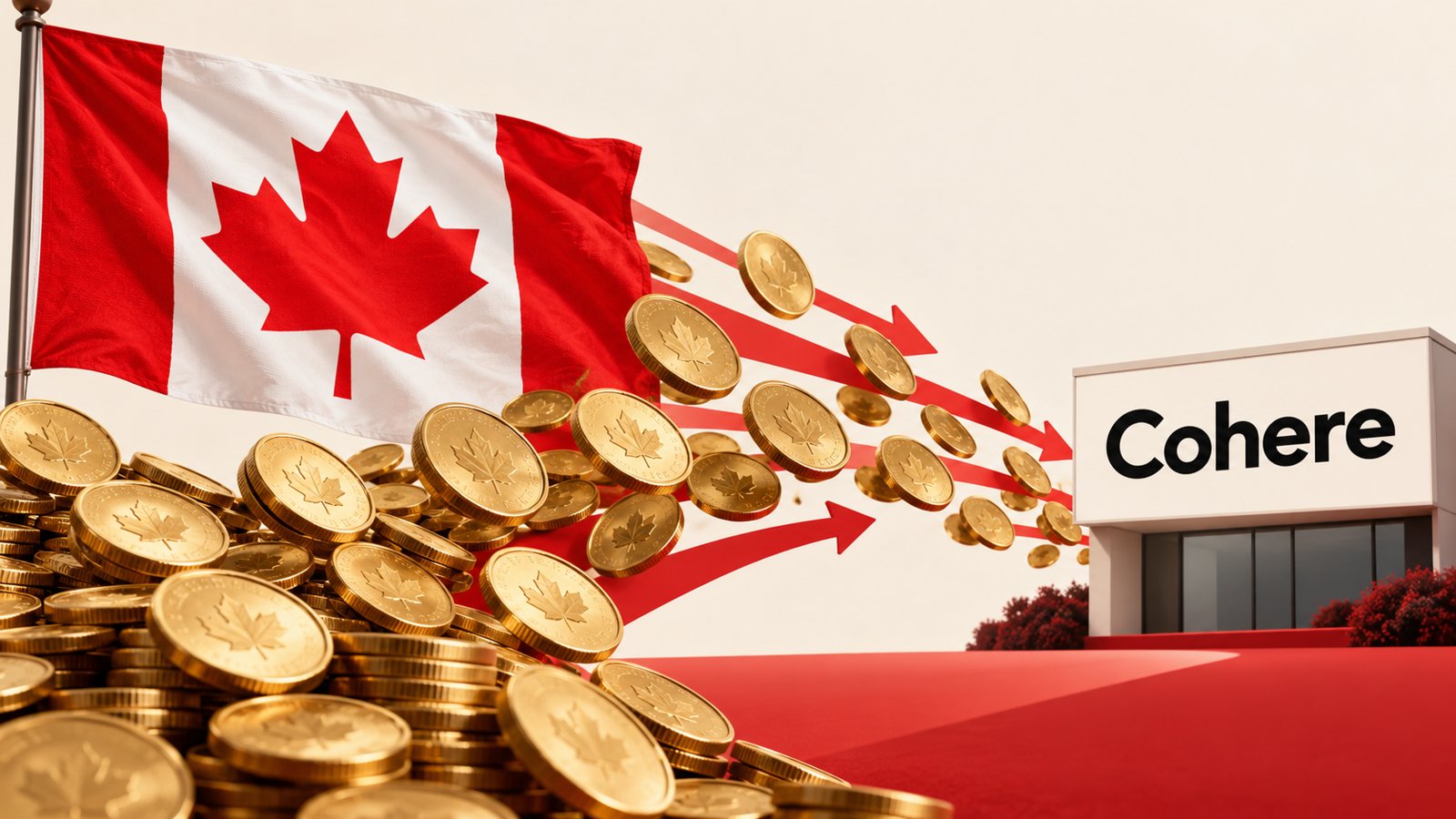 Bandera de Canadá y monedas dirigidas hacia Cohere, en una ilustración editorial