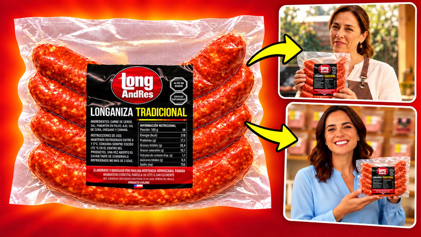 Foto de un paquete de longanizas y dos escenas con mujeres sosteniéndolo para crear comerciales automáticos con IA