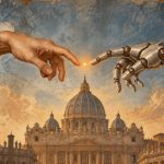 Una mano humana y una mano robótica casi se tocan sobre la basílica de San Pedro, ilustración del debate sobre la posible conciencia de la IA