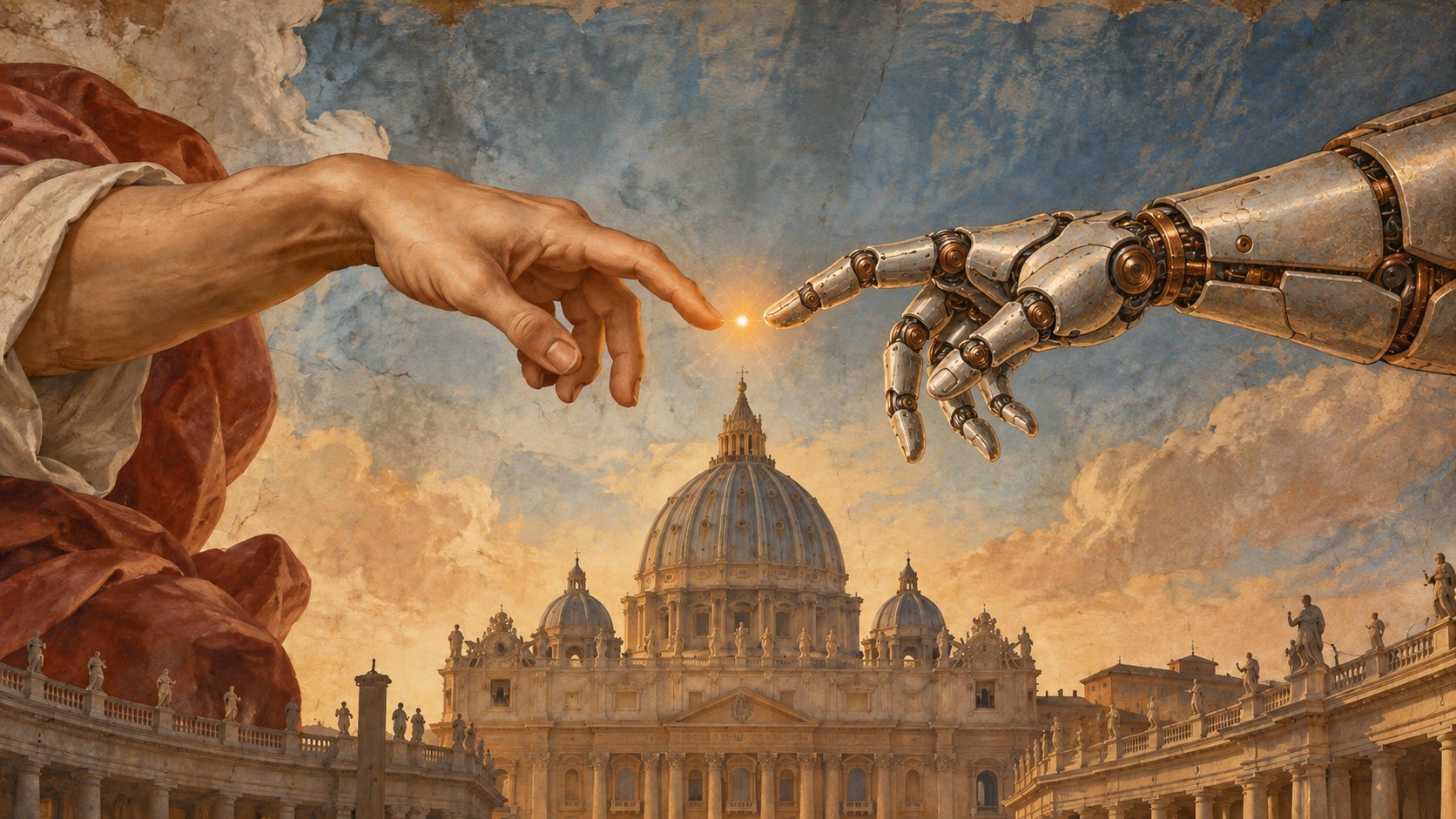 Una mano humana y una mano robótica casi se tocan sobre la basílica de San Pedro, ilustración del debate sobre la posible conciencia de la IA