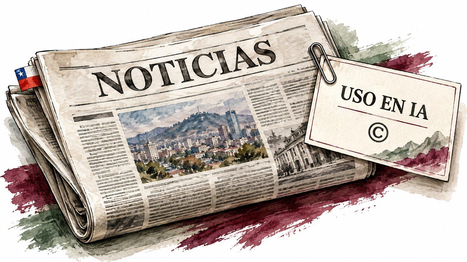 Periódicos junto a una licencia de uso en IA, en una ilustración editorial sobre contenidos periodísticos
