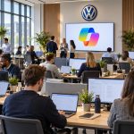 Oficina amplia de Volkswagen con empleados trabajando, una pantalla con el logo de Copilot y el emblema VW en la pared