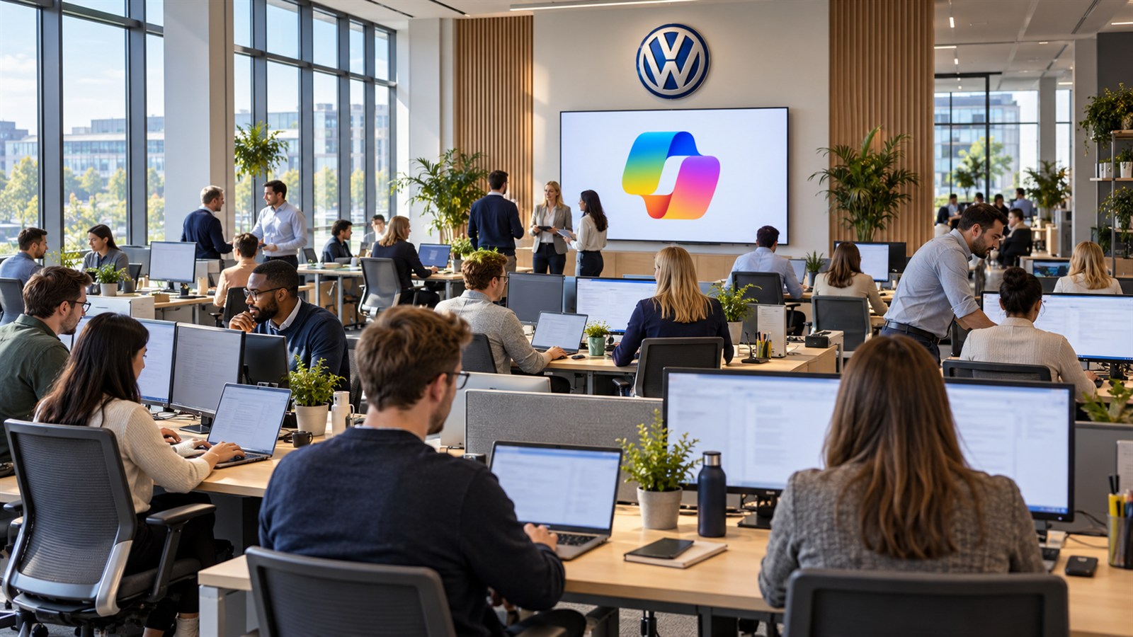 Oficina amplia de Volkswagen con empleados trabajando, una pantalla con el logo de Copilot y el emblema VW en la pared