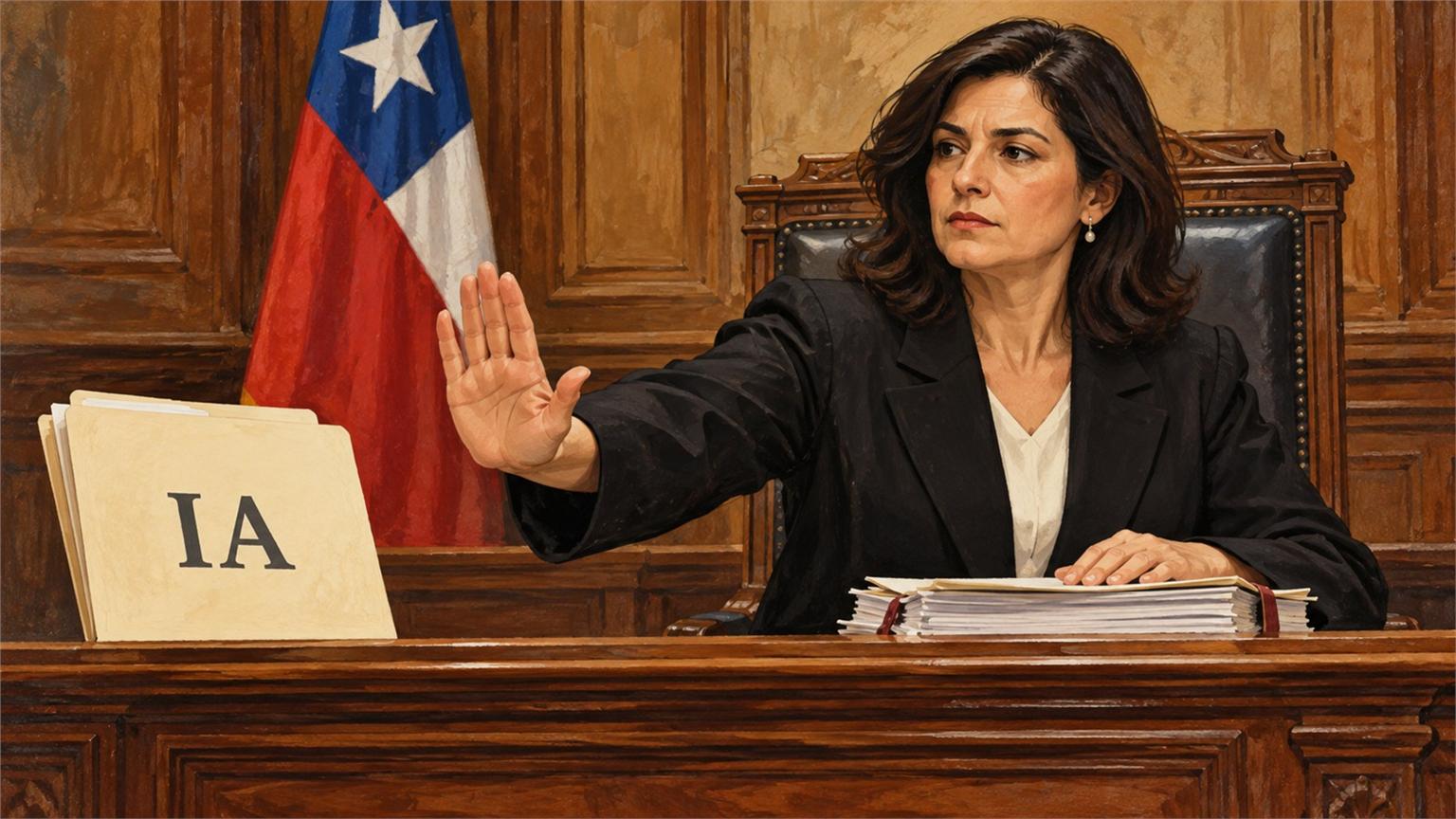 Jueza chilena marca un límite al uso de IA desde el estrado de la Corte Suprema, en una ilustración editorial