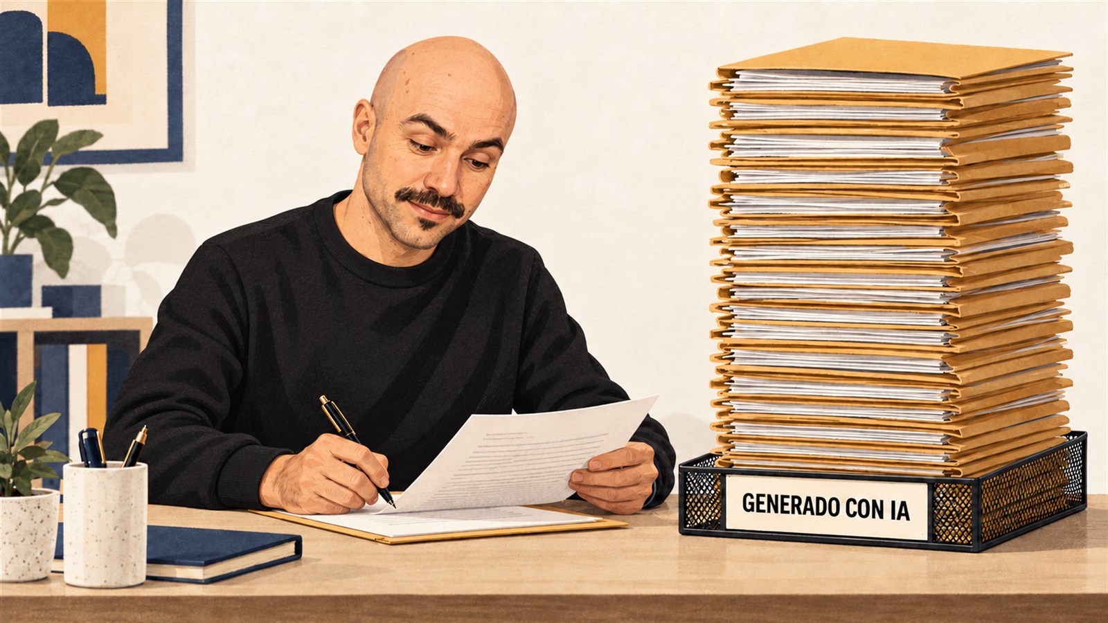 Mario revisa documentos junto a una bandeja de archivos generados con IA, para la columna sobre el cuello de botella y la revisión humana.