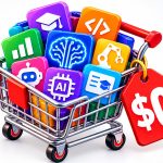 Cursos gratis de Inteligencia Artificial representados por un carrito con iconos de aprendizaje, programación y una etiqueta de $0
