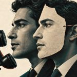 Ilustración sobre deepfakes con un rostro duplicado junto a un auricular de teléfono.