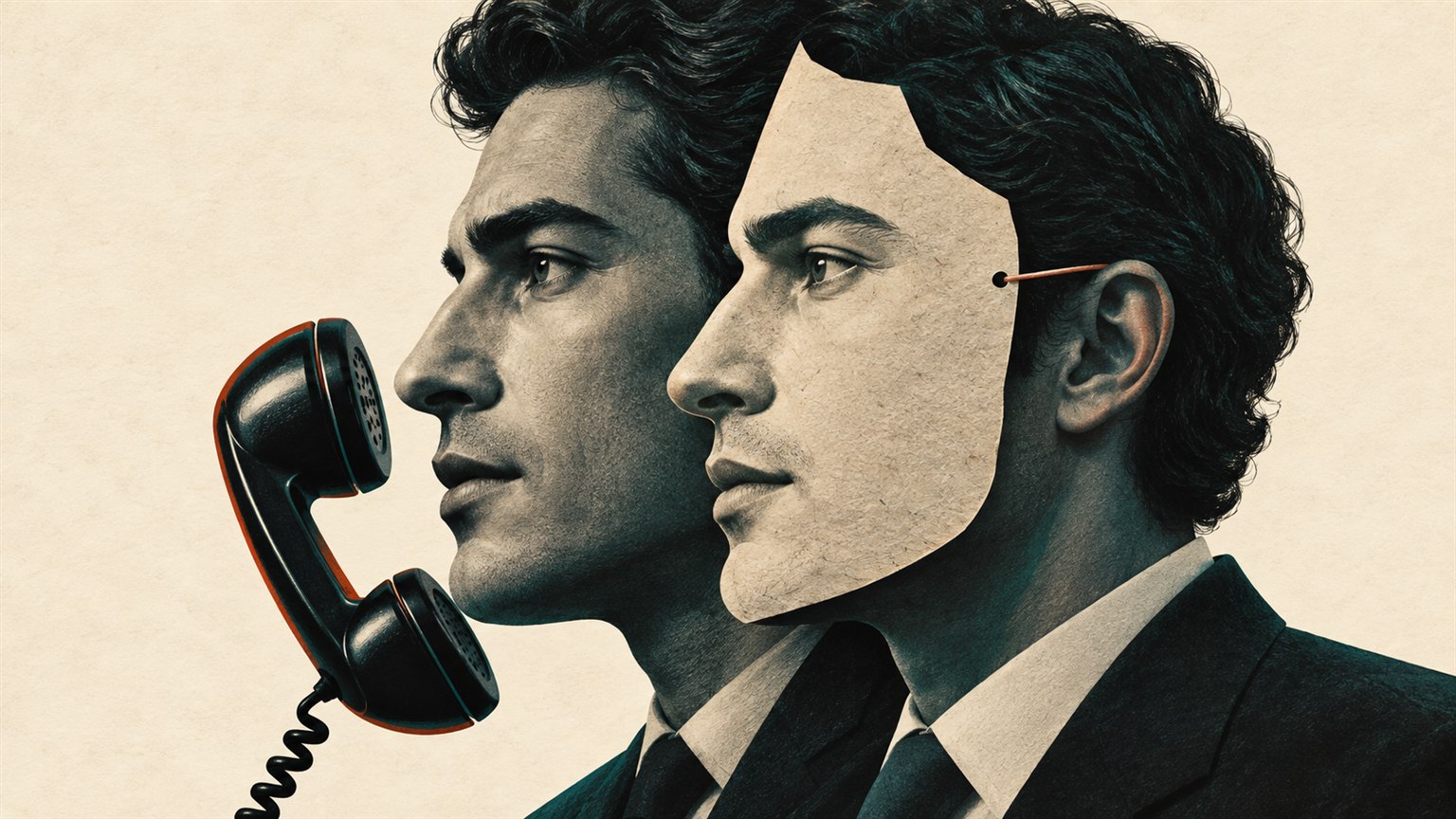 Ilustración sobre deepfakes con un rostro duplicado junto a un auricular de teléfono.