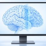 Monitor con un mapa digital del cerebro en blanco y azul, sobre la investigación de demencia con IA.
