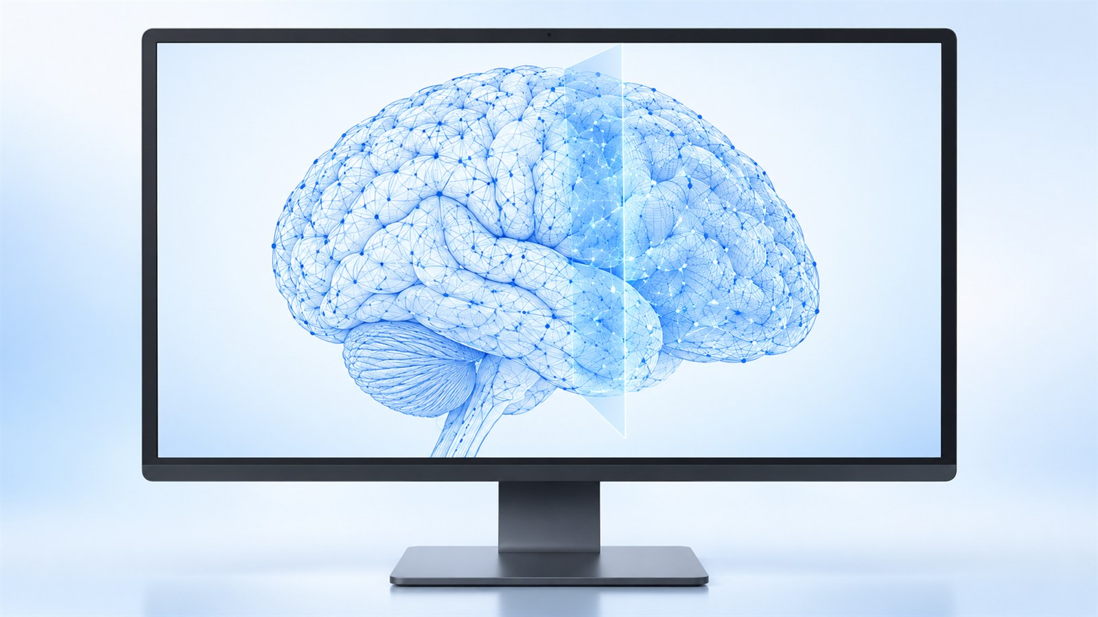 Monitor con un mapa digital del cerebro en blanco y azul, sobre la investigación de demencia con IA.
