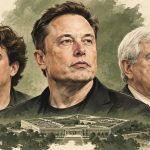 Elon Musk, Palmer Luckey y Newt Gingrich en un retrato editorial frente al Pentágono