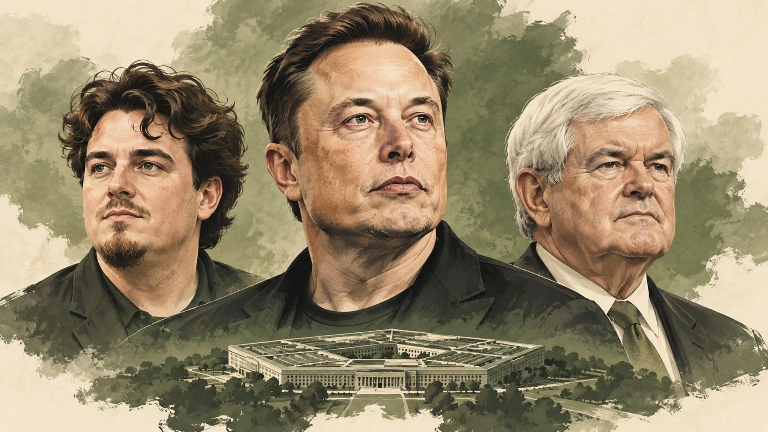 Elon Musk, Palmer Luckey y Newt Gingrich en un retrato editorial frente al Pentágono