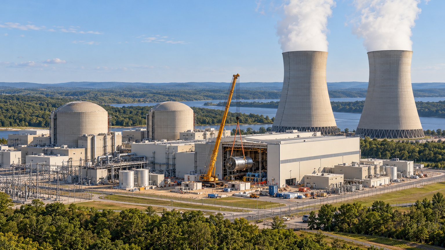 Recreación editorial de una central de energía nuclear con obras para ampliar su capacidad de generación