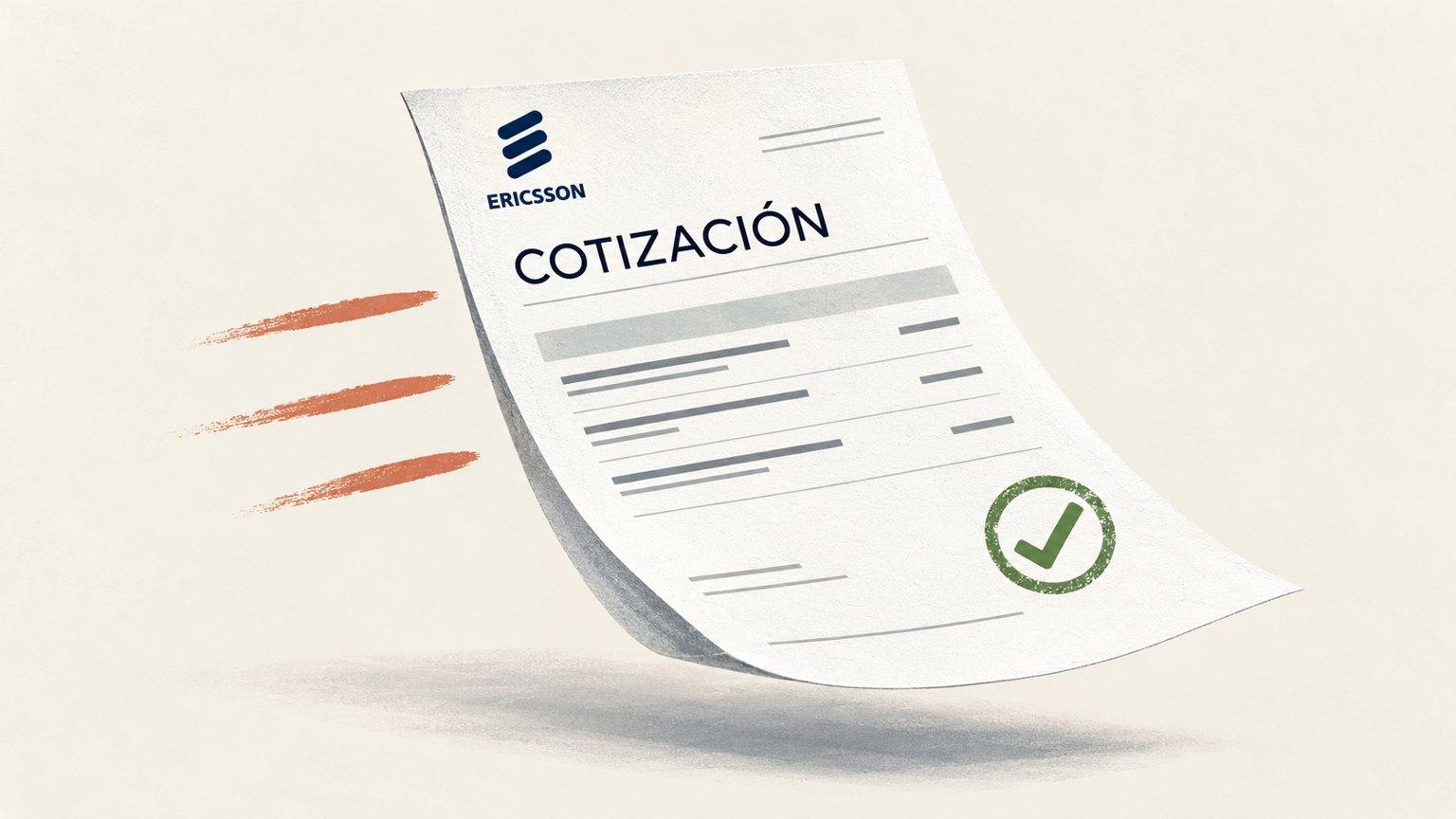 Cotización de Ericsson con sello de verificación y líneas de movimiento que expresan una emisión rápida