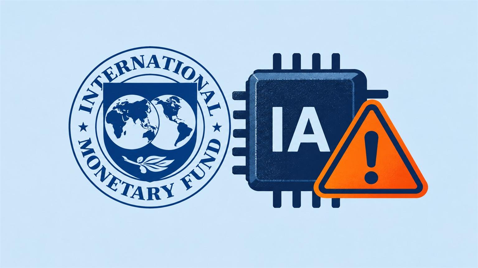 Sello del FMI junto a una señal de advertencia y un chip, en una ilustración editorial sobre riesgos financieros de la IA