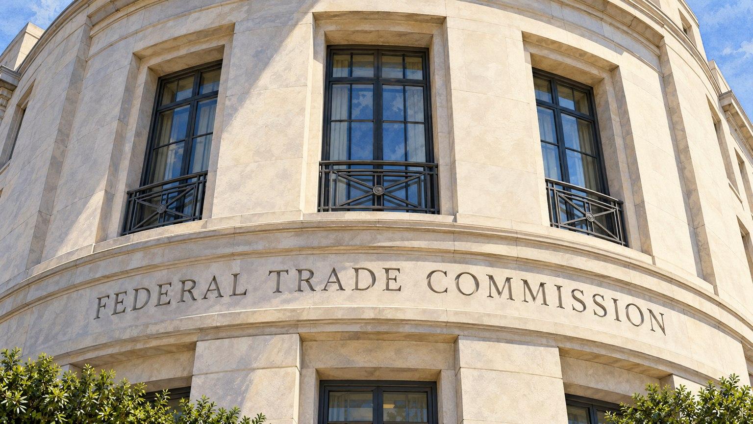 Recreación editorial de la fachada de la FTC con su inscripción Federal Trade Commission