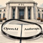 Ilustración de la FTC examinando documentos identificados como OpenAI y Anthropic con una lupa.
