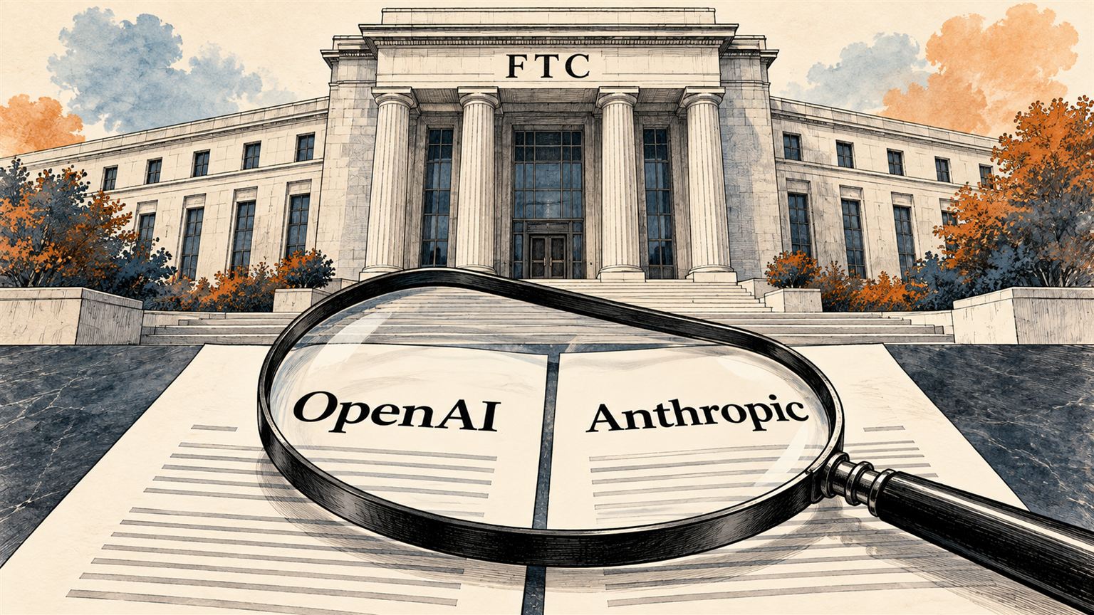 Ilustración de la FTC examinando documentos identificados como OpenAI y Anthropic con una lupa.