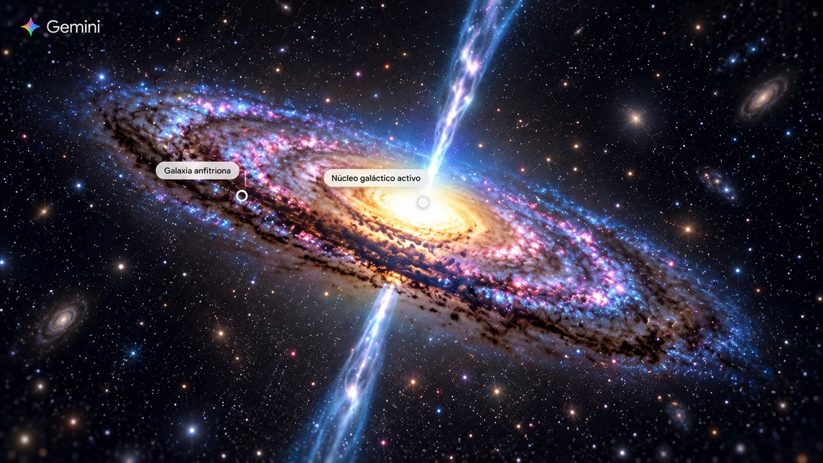Recreación editorial de Gemini con una galaxia y etiquetas seleccionables para explorar sus partes