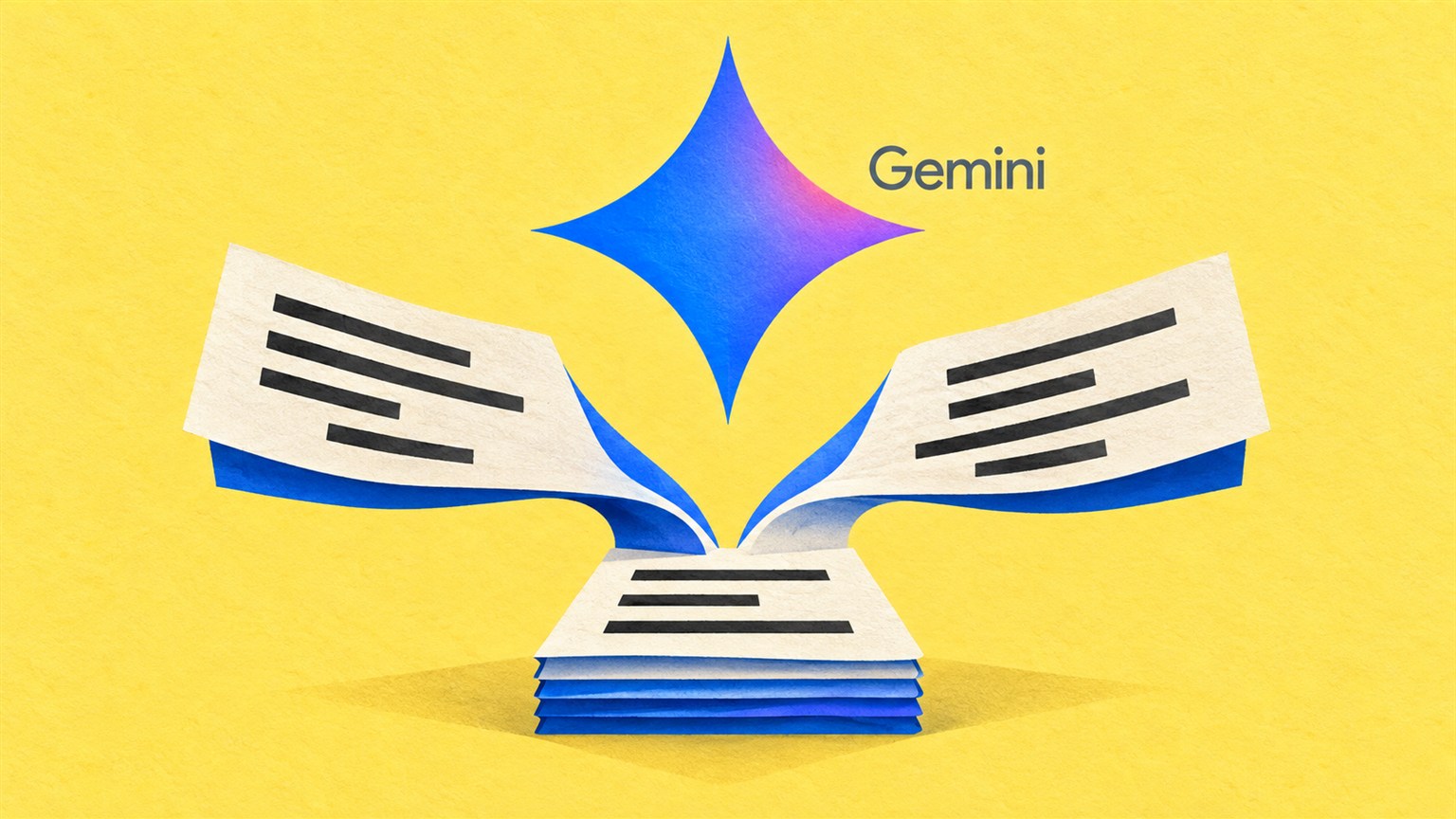 Ilustración de Gemini con dos tiras de instrucciones que se combinan bajo su estrella.