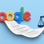 Nombre Google con una hoja de datos y una balanza de la Unión Europea en una ilustración de papel recortado