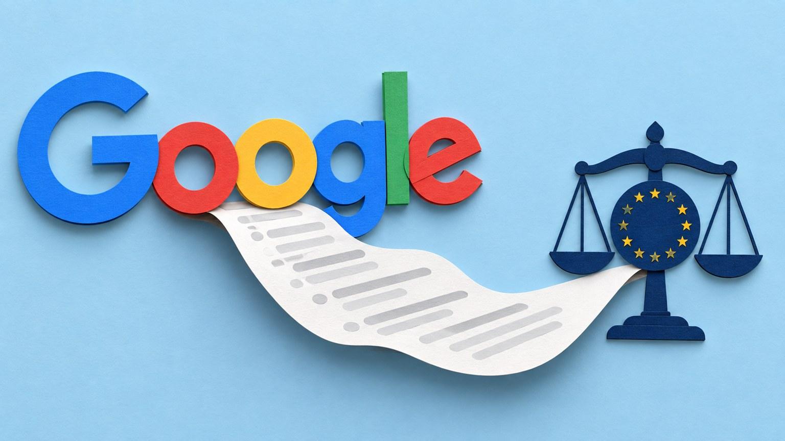 Nombre Google con una hoja de datos y una balanza de la Unión Europea en una ilustración de papel recortado