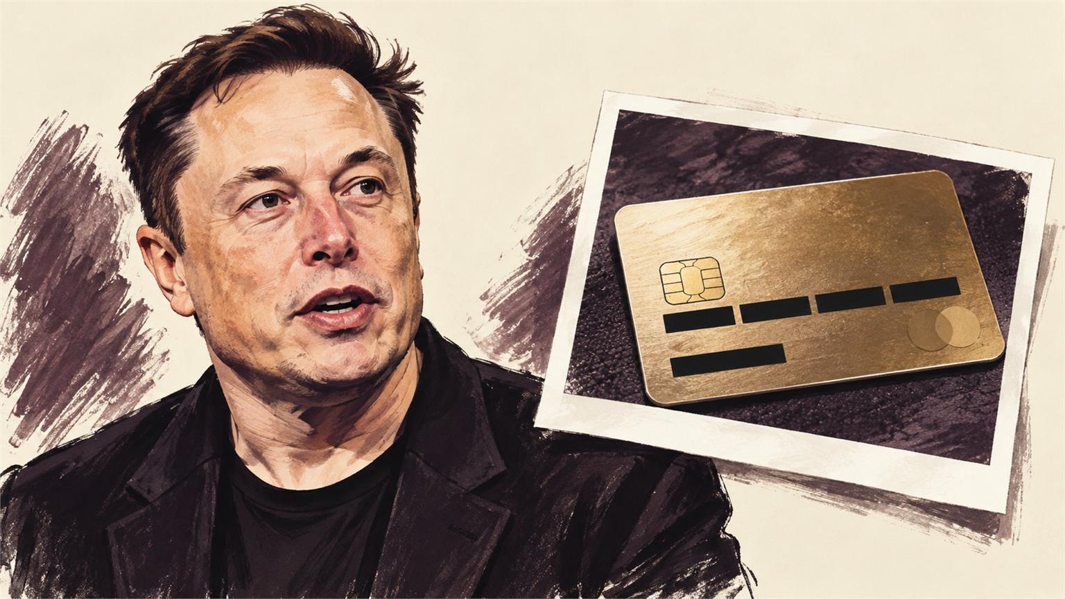 Ilustración editorial de Elon Musk junto a una tarjeta de crédito fotografiada para compras con Grok Bot