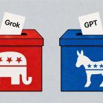 Grok y ChatGPT en una comparación electoral ilustrada con urnas y emblemas de los dos partidos