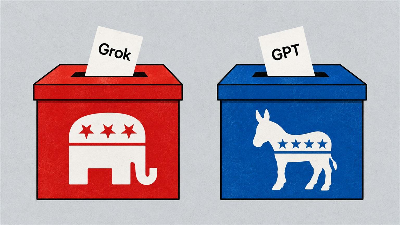 Grok y ChatGPT aparecen junto a urnas electorales con emblemas republicano y demócrata