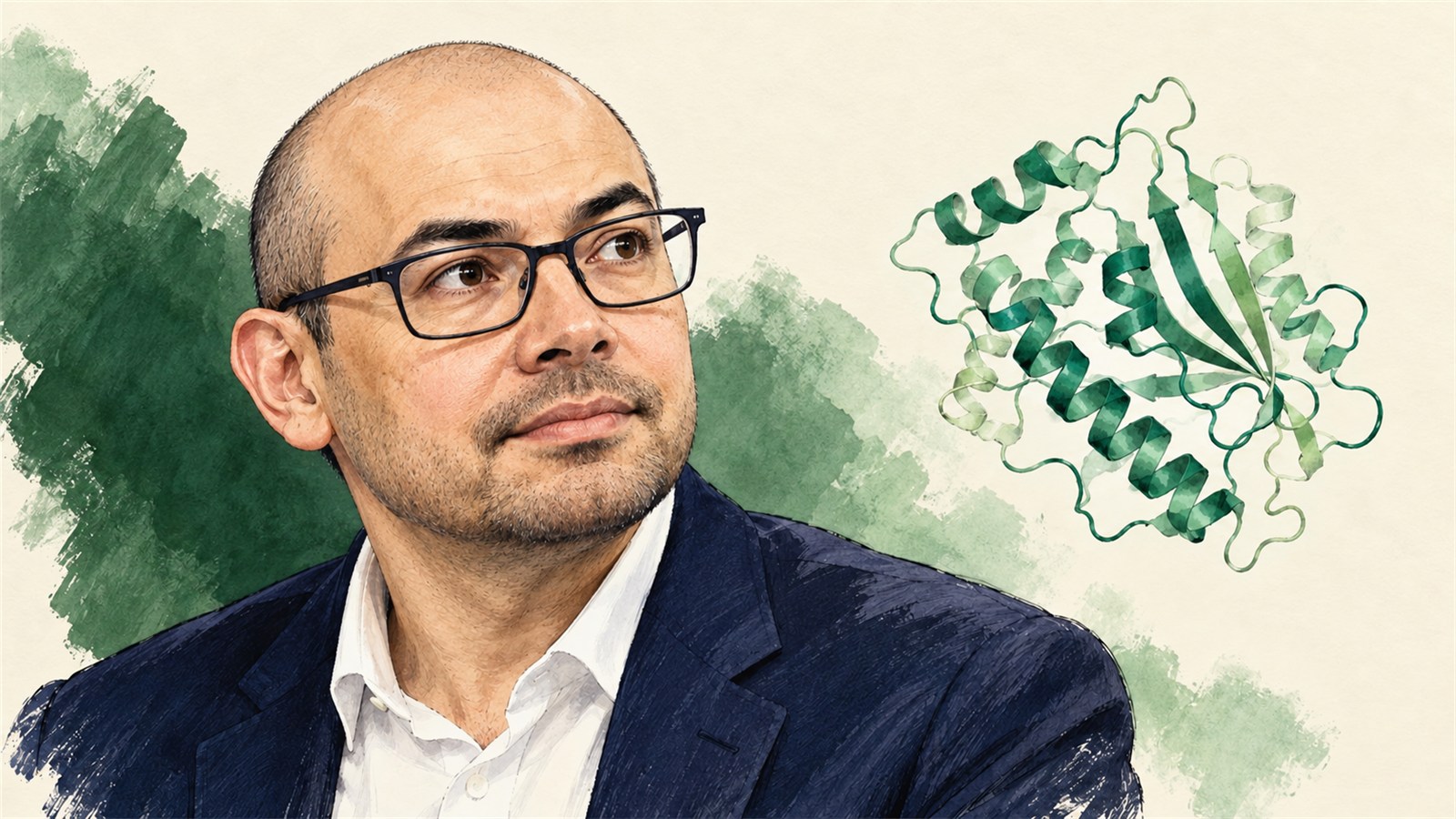 Retrato editorial de Demis Hassabis con una estructura de proteÃ­na como referencia a la investigaciÃ³n cientÃ­fica