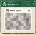 Mensaje de WhatsApp con un adjunto cubierto por un mosaico y etiqueta IA frente a una pizarra escolar