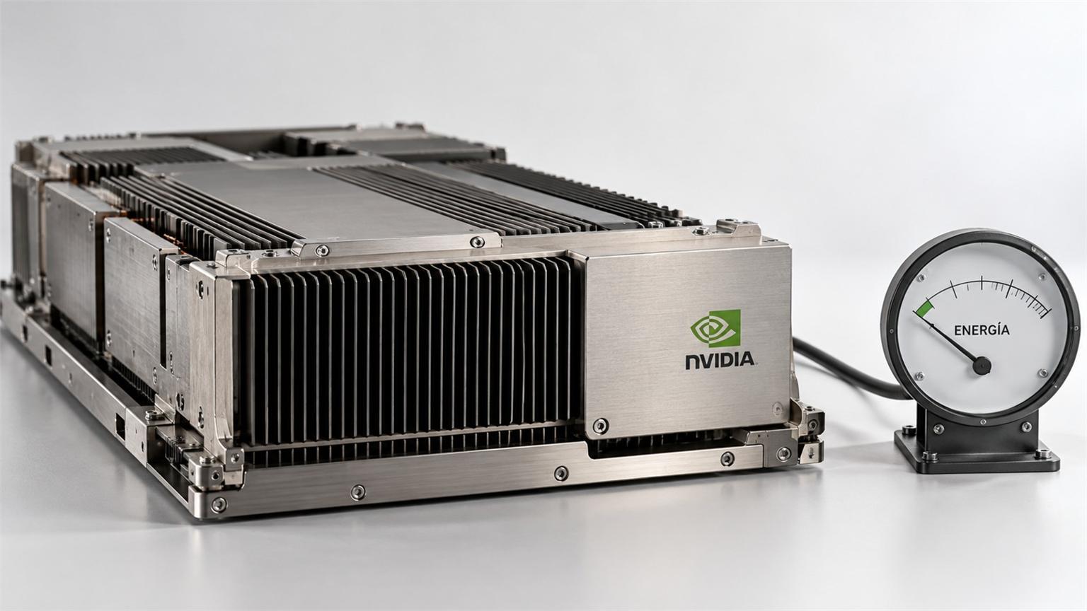Módulo de cómputo Nvidia junto a un medidor eléctrico, en una recreación editorial sobre el ahorro de Kareus