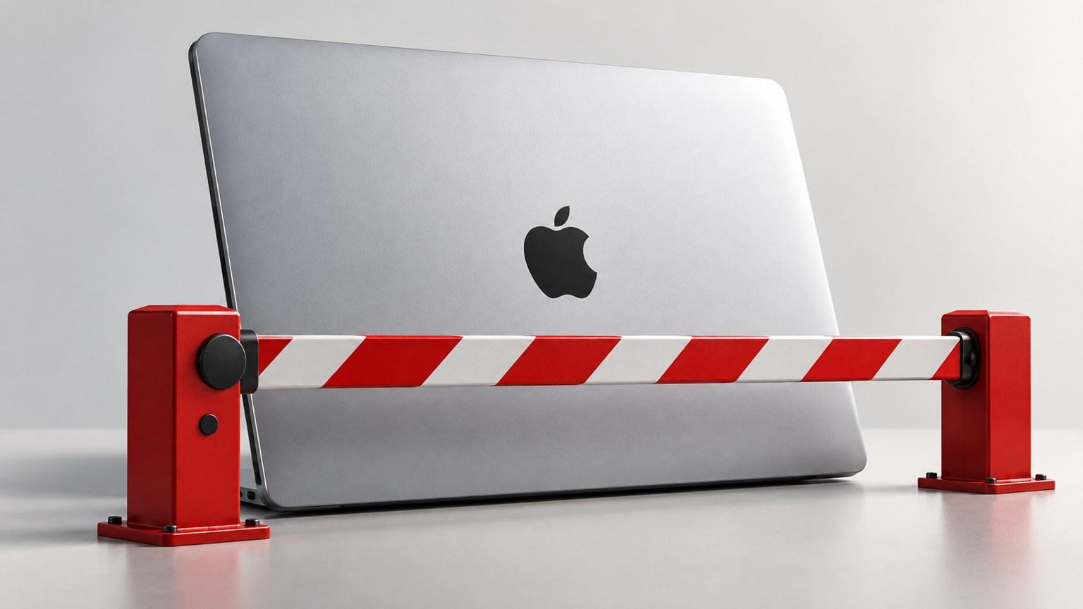 MacBook de Apple cerrado detrás de una barrera roja por los permisos de acceso en macOS