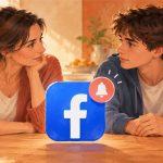 Ilustración de Meta con una madre y un adolescente junto al emblema de Facebook y una campana de aviso