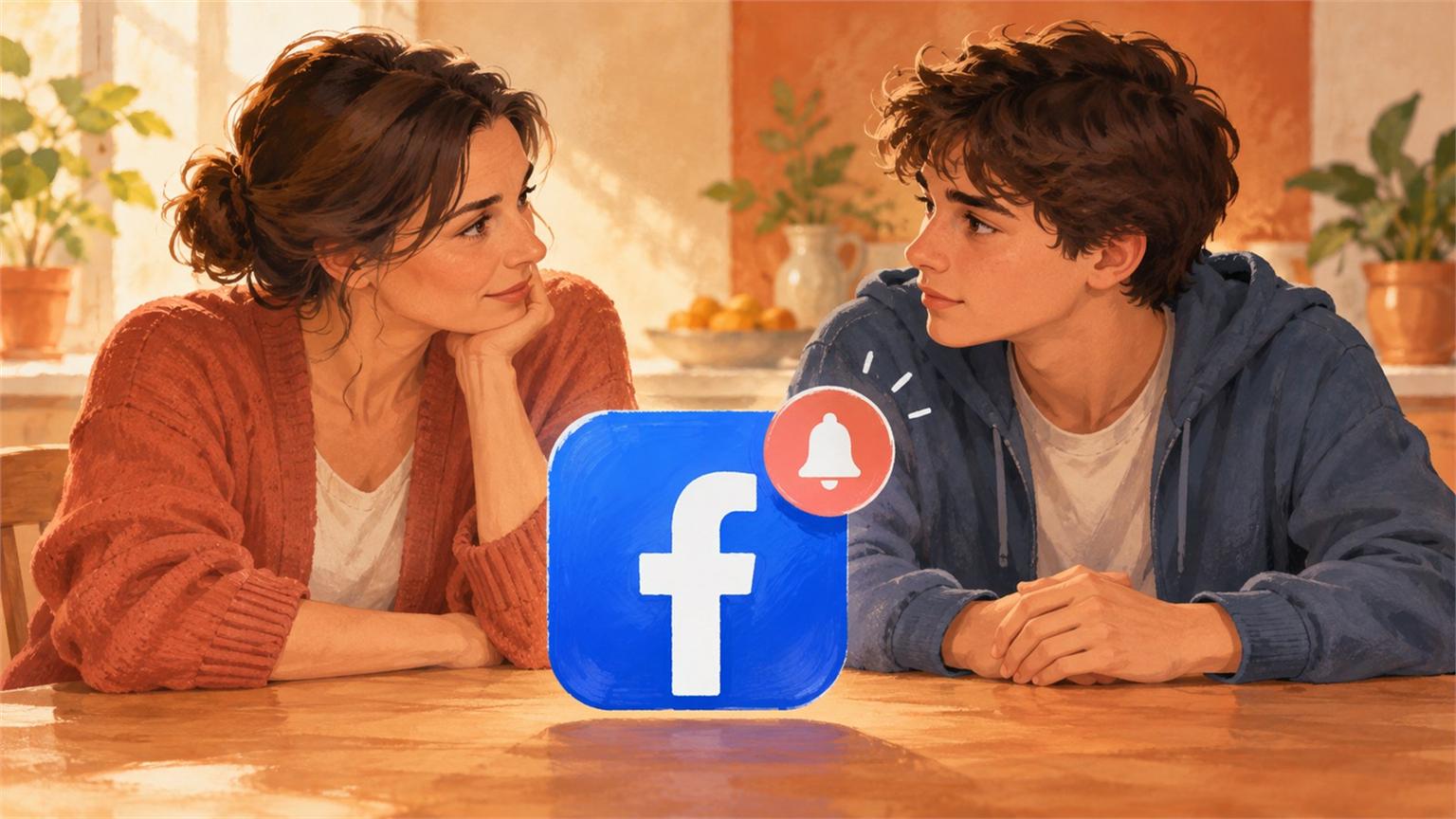 Ilustración de Meta con una madre y un adolescente junto al emblema de Facebook y una campana de aviso