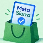 Credencial con el nombre Meta junto a una bolsa de compras y una marca de autorización