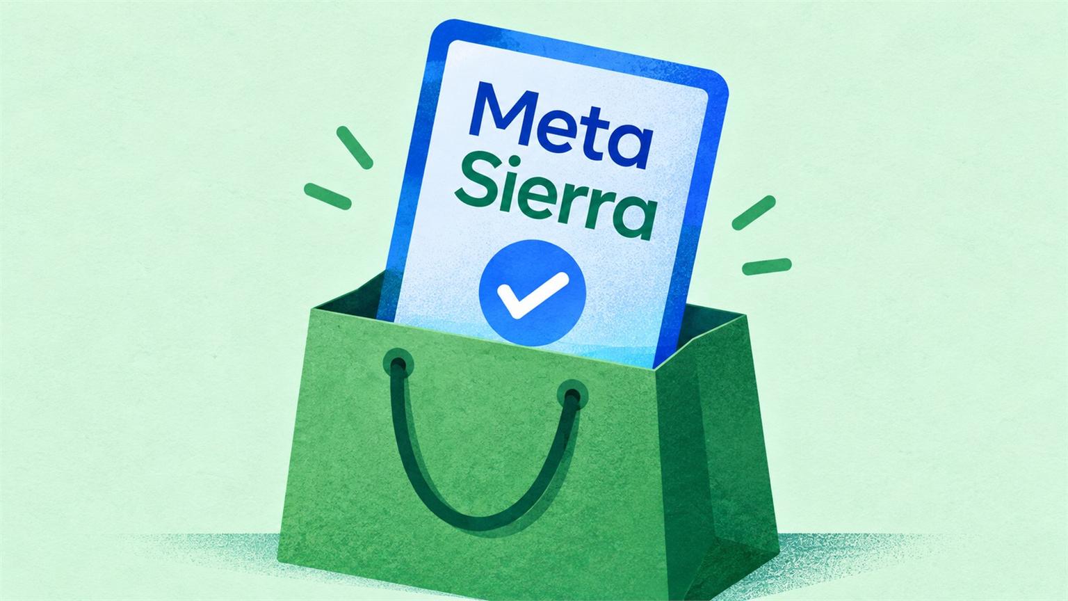 Credencial con el nombre Meta junto a una bolsa de compras y una marca de autorización