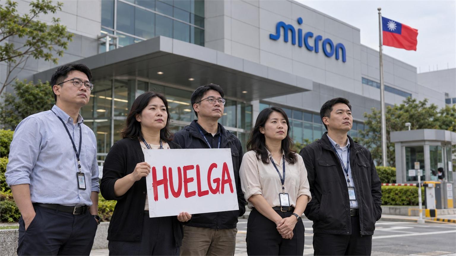 Recreación editorial de dirigentes en huelga ante una planta de Micron en Taiwán