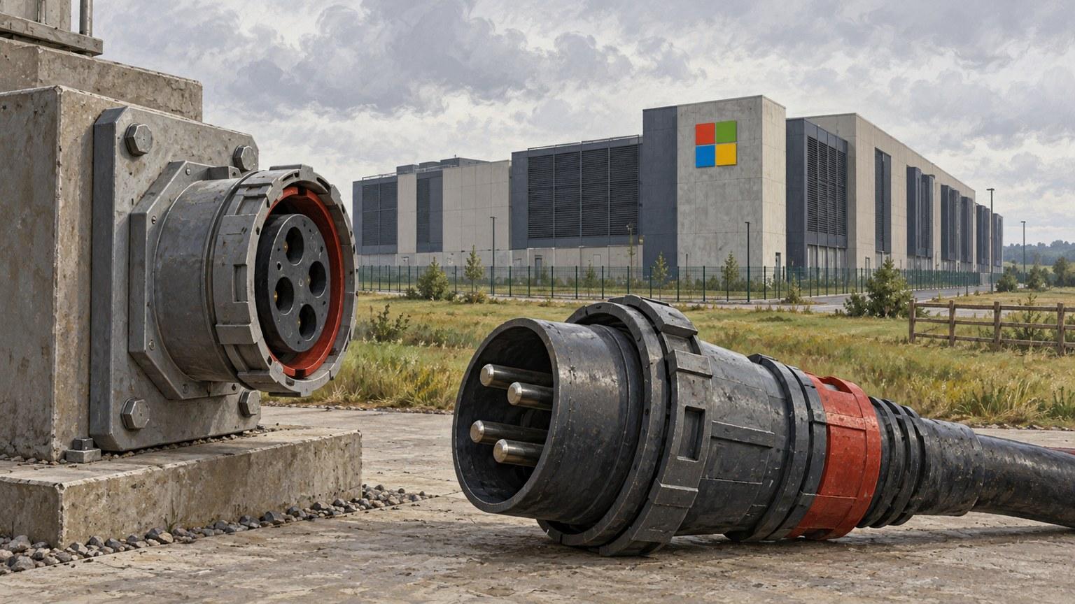 Edificio de centro de datos identificado con el logo de Microsoft junto a una conexión eléctrica desconectada