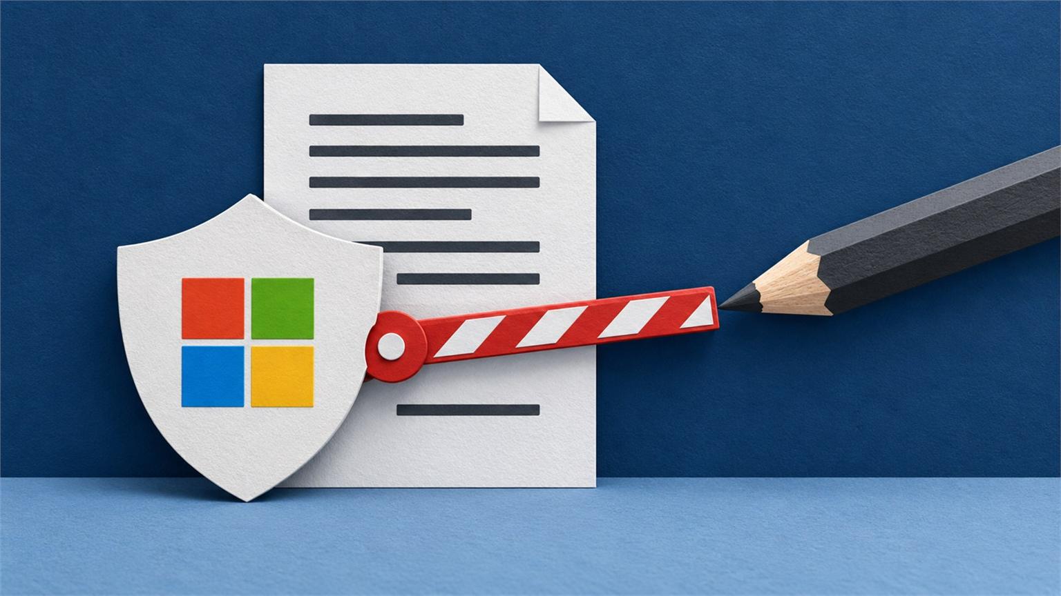 Escudo con el logo de Microsoft y una barrera que impide a un lápiz modificar un documento visible