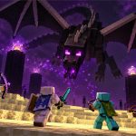 Cuatro avatares de Minecraft colaboran frente al Ender Dragon en una escena voxel