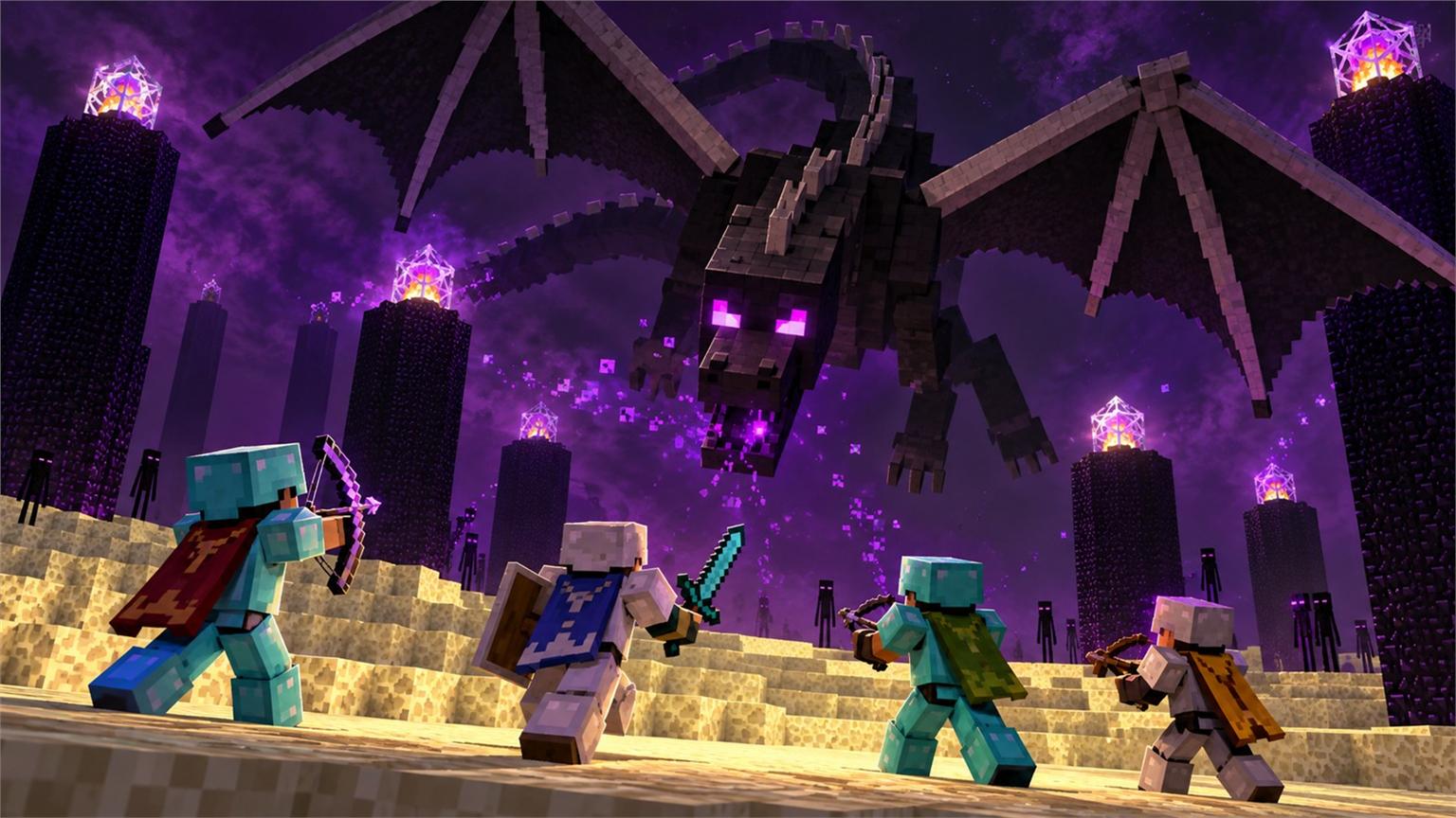 Cuatro avatares de Minecraft colaboran frente al Ender Dragon en una escena voxel