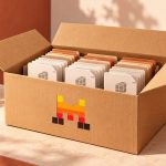 Caja abierta con archivos digitales y el emblema de Mistral Large 4 sobre un fondo cálido