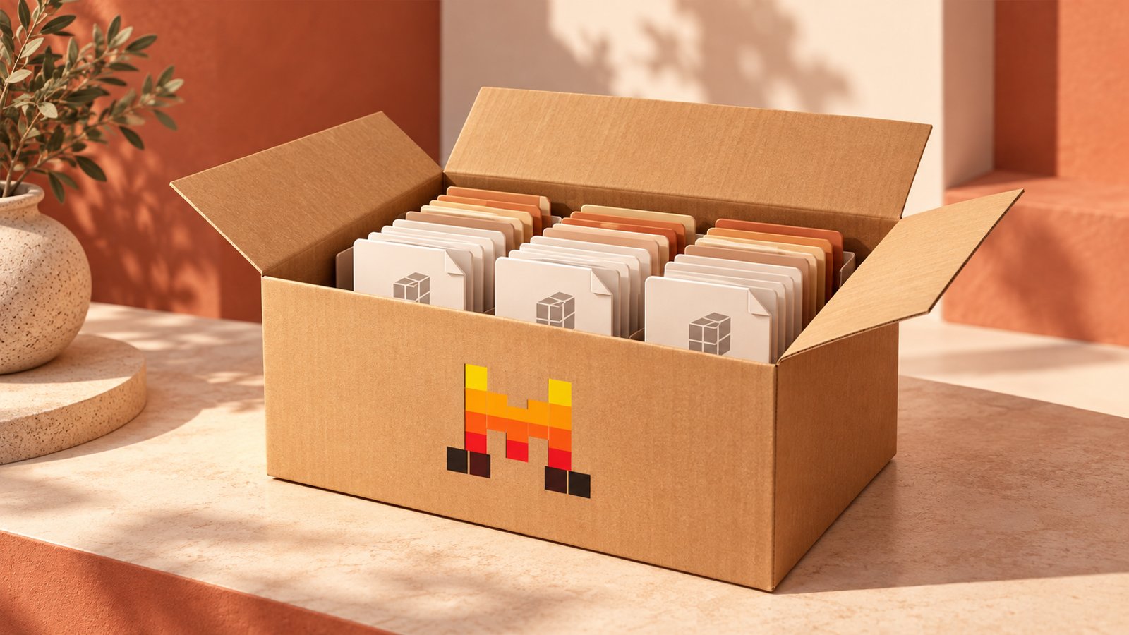 Caja abierta con archivos digitales y el emblema de Mistral Large 4 sobre un fondo cálido