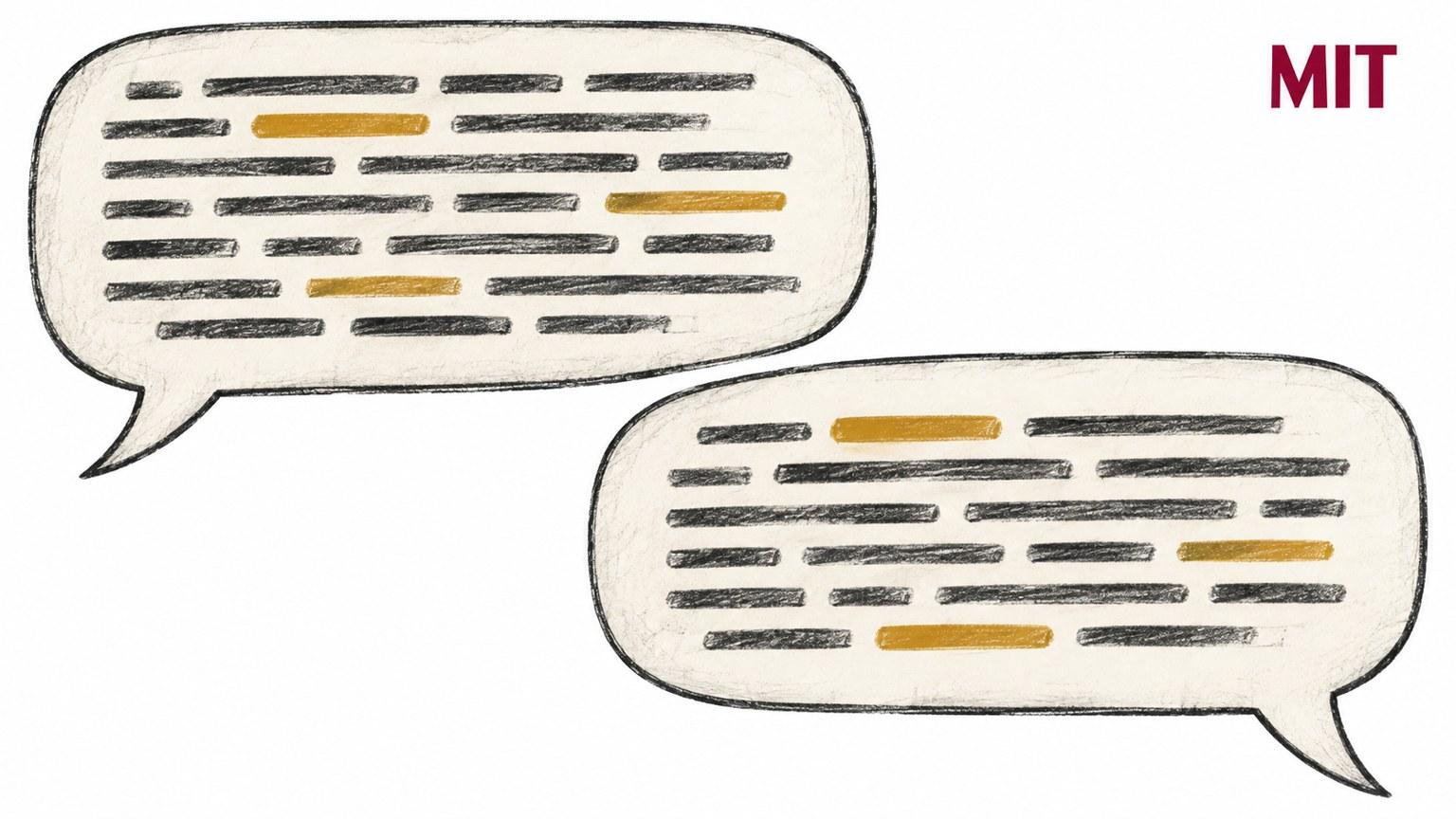 MIT junto a dos bocadillos de conversación con segmentos resaltados en una ilustración sobre análisis del lenguaje